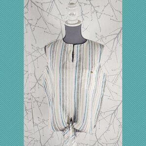 Ellen Tracy White Striped 100% Linen Tie Front Tank